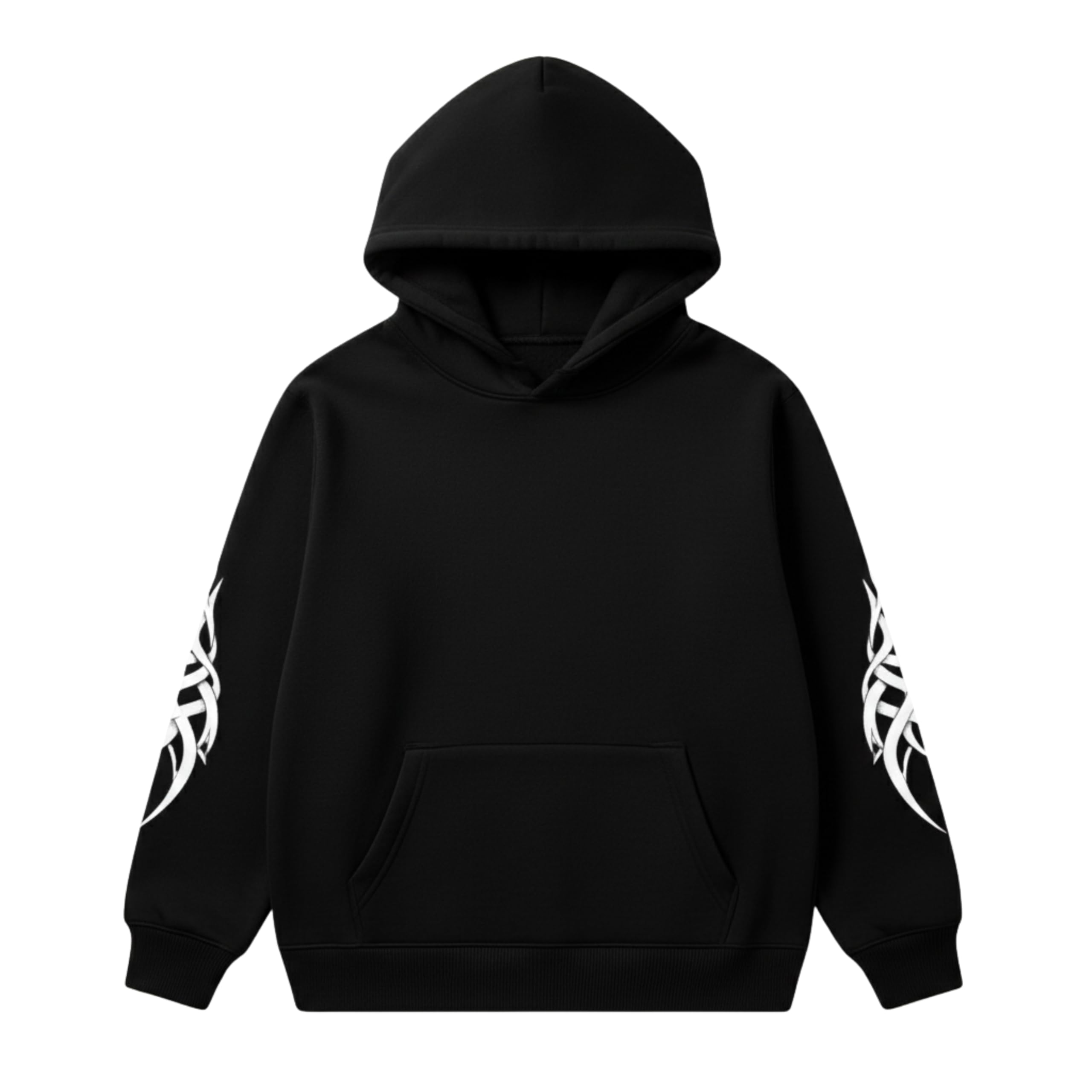 Tribal Design Hoodie, Black Cotton Blend Pullover Sweatshirt with White Graphic Print, Unisex Regular Fit, Kangaroo Pocket, Casual Streetwear Style,-picture-12