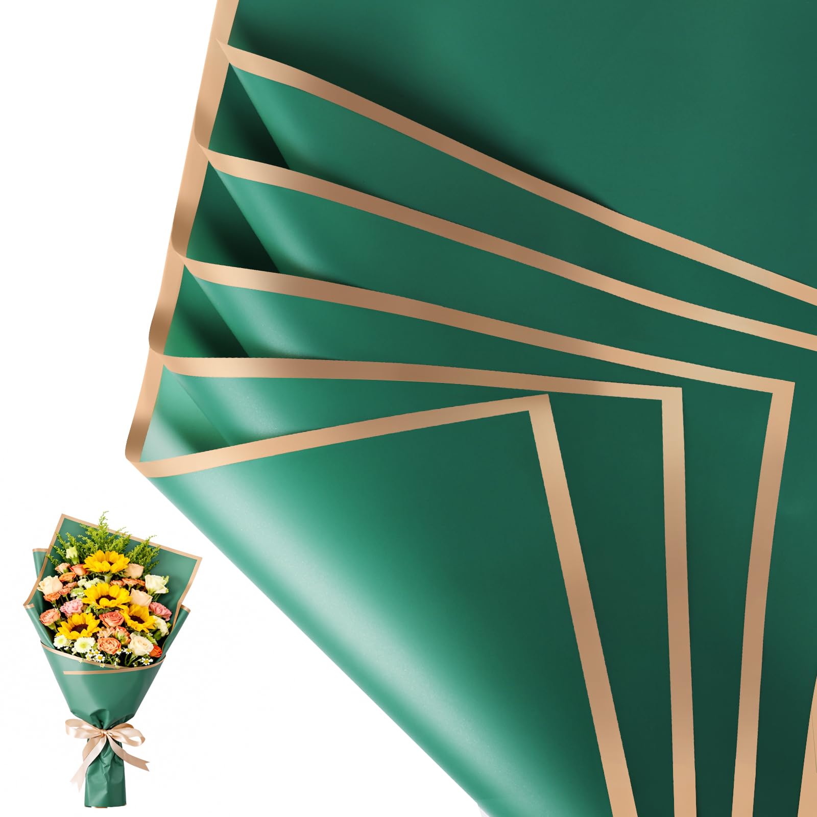 NESCCI 20 Sheet Flower Wrapping Paper - Waterproof Floral Bouquet Wrapping Paper, Florist Supplies Packaging Paper for Wedding Birthday Gift DIY (Dark green)