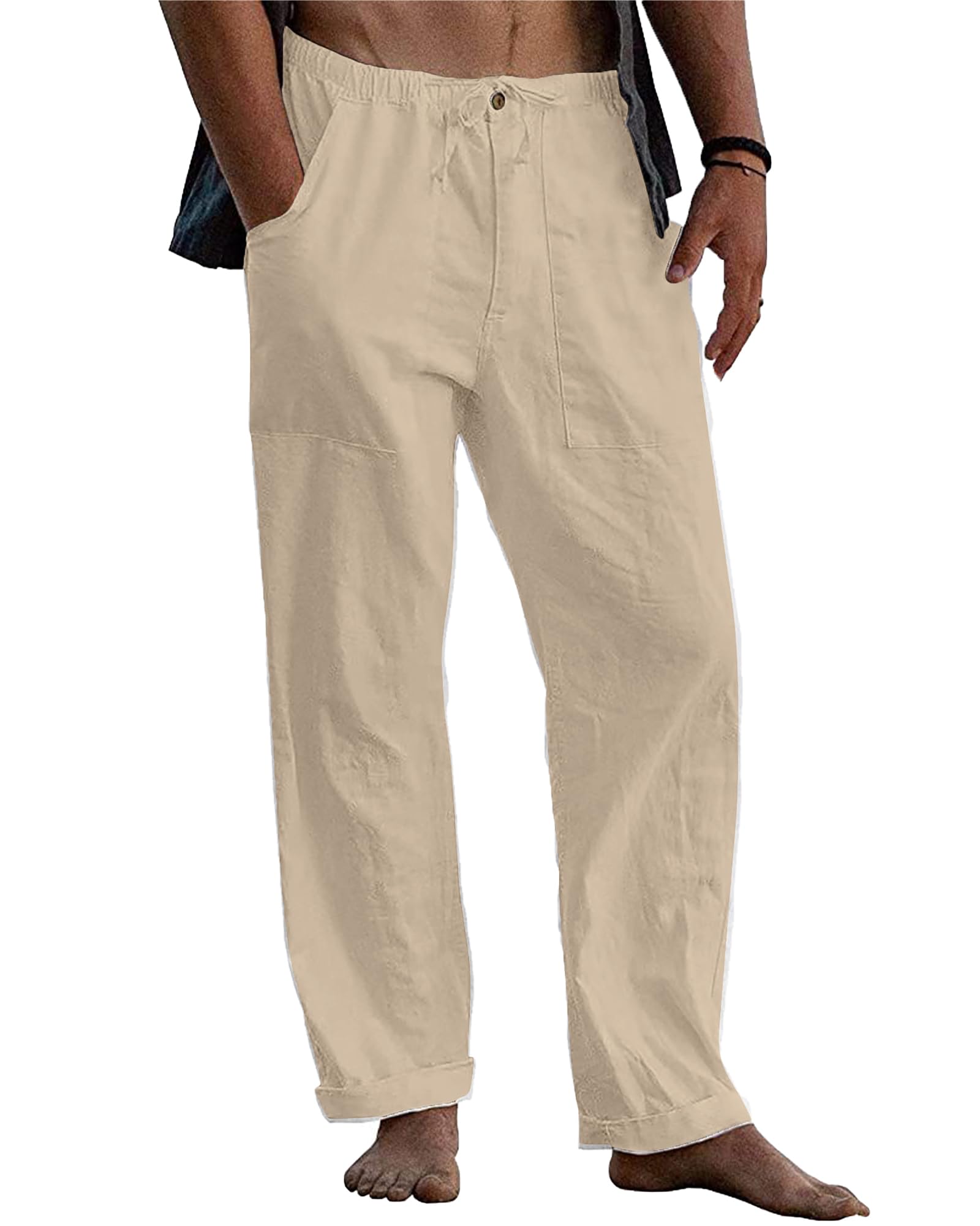 LVCBL Leinenhose Herren Sommer Herbst Lose Lässige Leinenhose mit Taschen Elastischer Bund