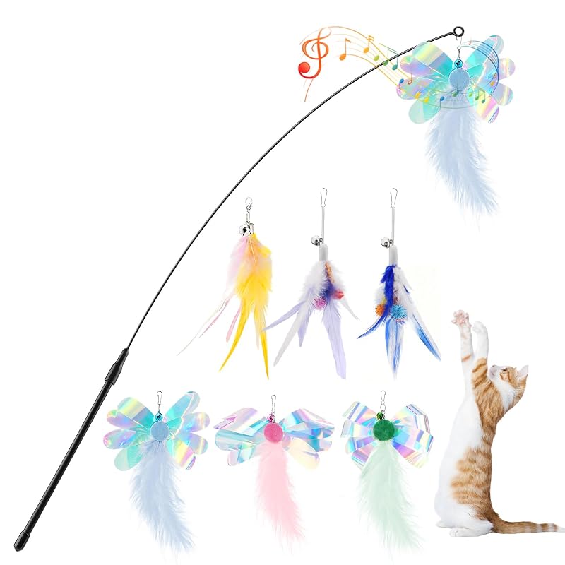 Brinquedo interativo para gatos com penas naturais Pawaboo Z-Colorful, 6 penas + 1 vareta