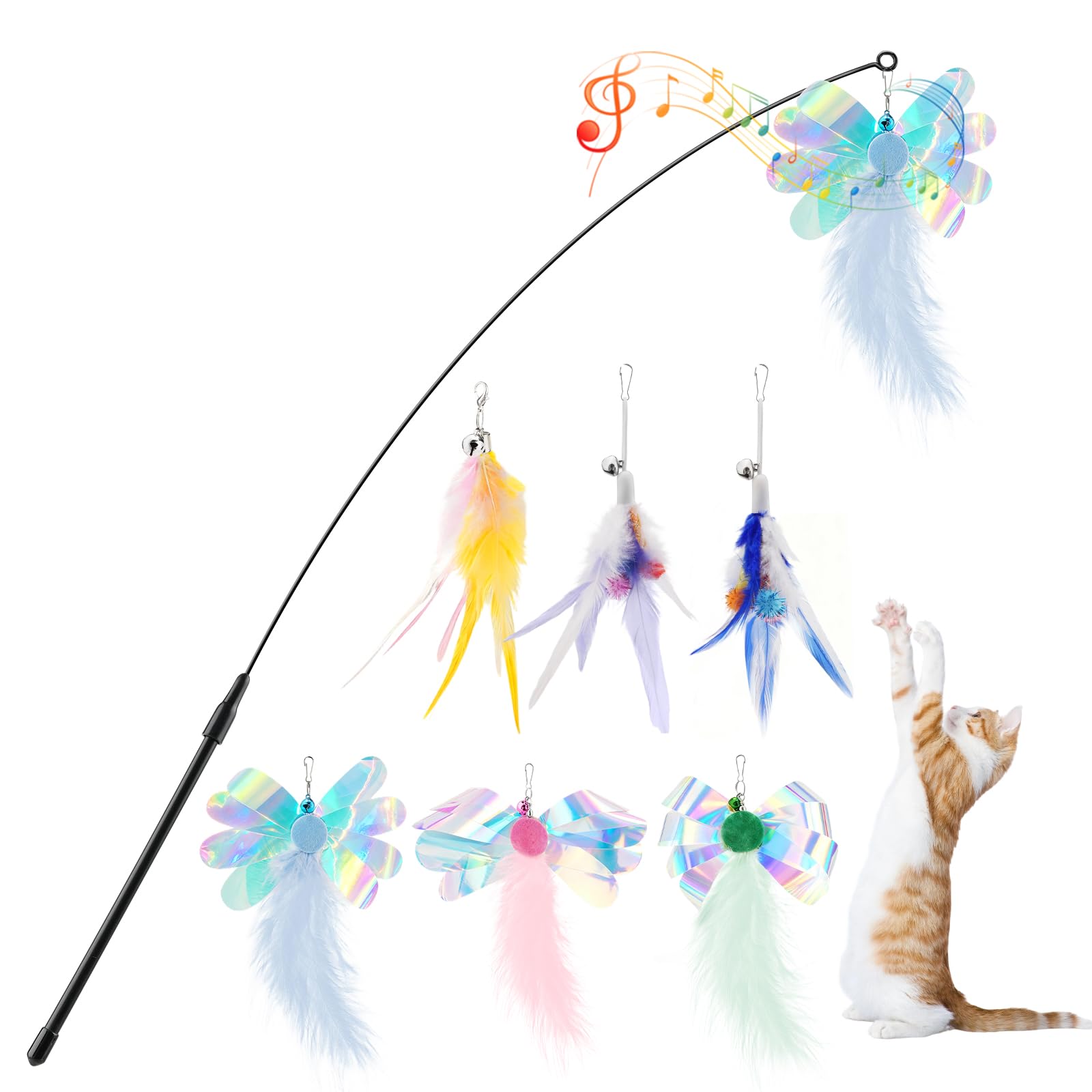 Pawaboo Feather Teaser Cat Toy, Interactive Feather Wands Cats Toy Flying Feathers Cat Catcher with Extra Long 34.5" Wand and Small Bell, Exerciser Playing Toys, 1 Wand + 6 Feathers, Colorful