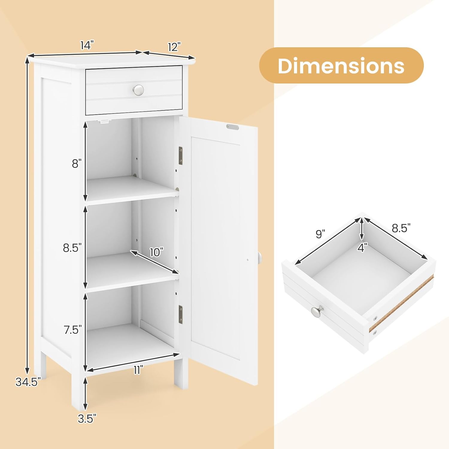 BECOMFORT Bathroom Floor Cabinet, Small Wooden Storage Organizer Unit with Drawers, Adjustable Shelves, Mid Century Modern Bathroom Storage Cabinet for Bedroom, Living Room, Entryway