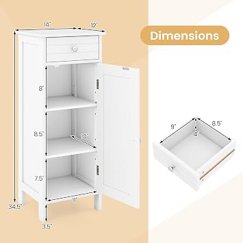 DREAMADE Small Bathroom Storage Cabinet, Narrow Storage Organizer with Drawer & Single Door, Adjustable Shelves, Anti-Tipping Device, Slim Cabinet for Small Space, Bathroom & Living Room, White