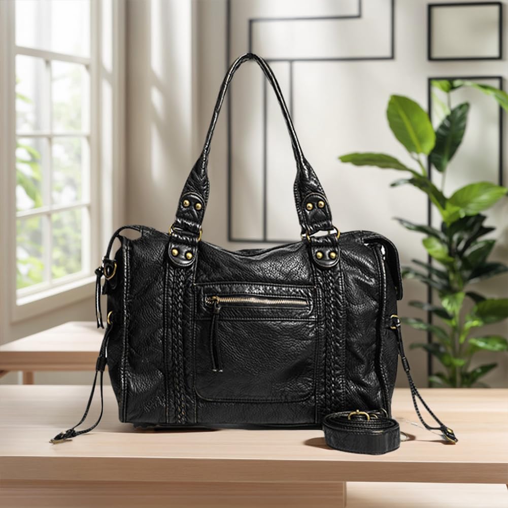 Bolso de hombro retro de cuero para mujer con bolsillos Bolsos de utilidad Bolso de hombro Bolso con asa superior para uso diario