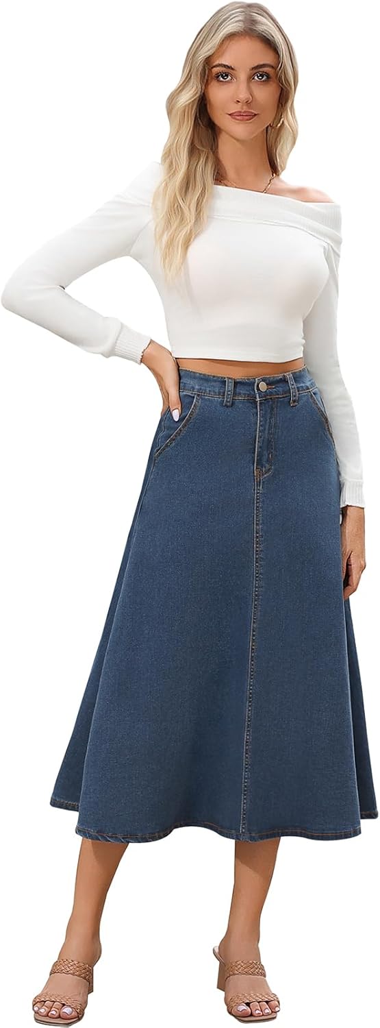 HUSKARY Women's Stretchy High Wasited A Line Long Maxi Jean Skirt Below Knee Length Flared Midi Denim Skirts with Pockets - Image 5