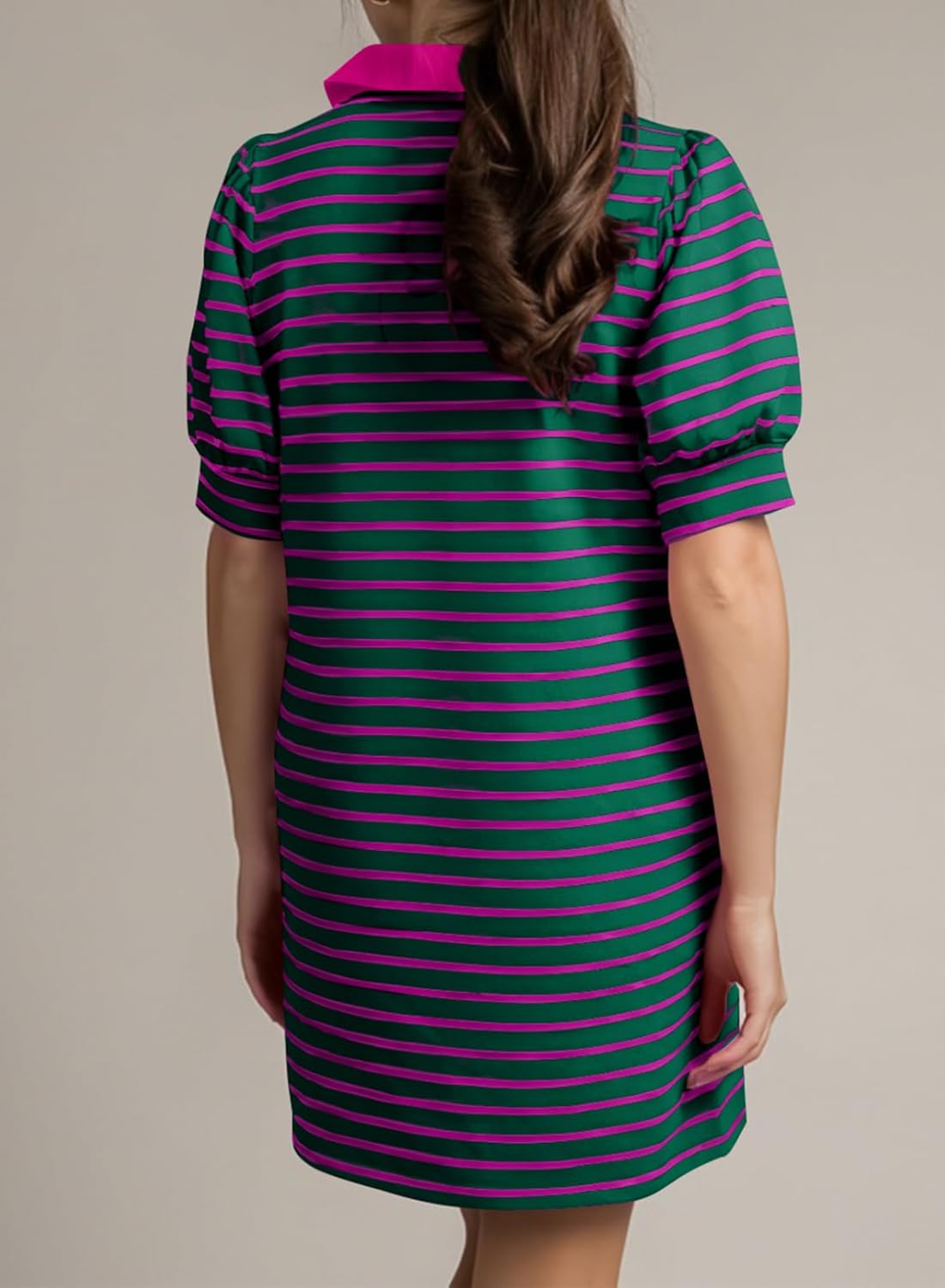 BLENCOT Women's Casual Polo V Neck T Shirt Striped Dress Summer Puff Short Sleeve MIdi Dresses - Image 3