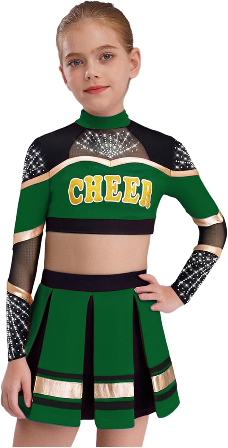 Shinsto Kids Girls 2 Piece Cheerleading Uniform Outfit Shiny Sleeveless Crop Top with Pleated Skirt Set Green 16 Years