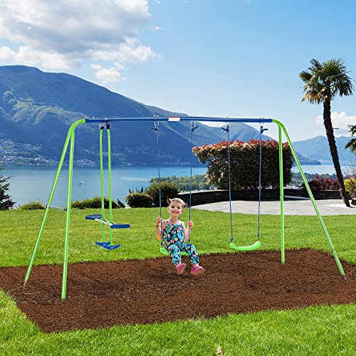 Outsunny Metal Swing Set With Glider, Two Swing Seats And Adjustable Height, Outdoor Heavy Duty A-Frame Suitable For Playground, Backyard, Green #TOP1