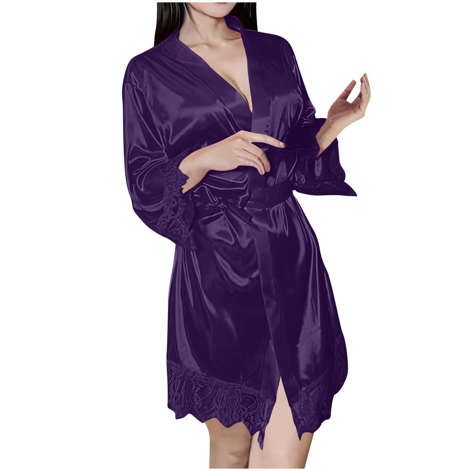 HGps8w Womens Silk Satin Kimono Robe Sexy Lace Trim Short Luxury Dressing Gown Lingerie Sleepwear with Belt