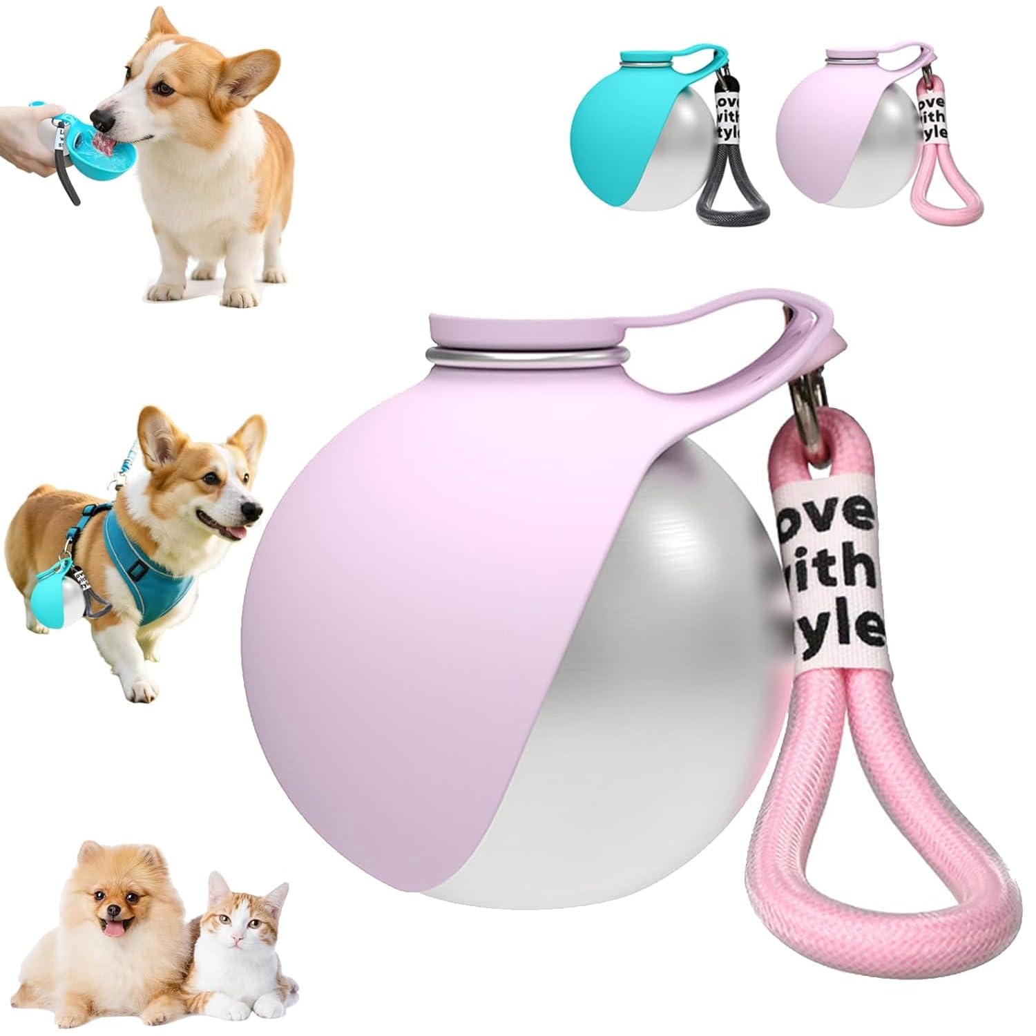 STOAT Botella portátil para Perros. 285ml Botella Perro Acero Inoxidable con Cuenco de Silicona Plegable, sellada, compacta, Paseo, Viaje, Camping & Senderismo – Rosa & Azul (Rosa)