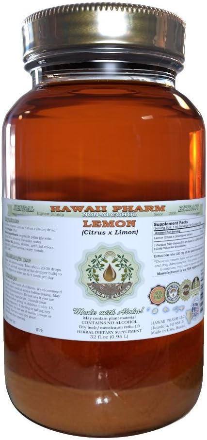 Lemon Alcohol-Free Liquid Extract, Lemon (Citrus x Limon) Dried Peel Glycerite Hawaii Pharm Natural Herbal Supplement 4 oz