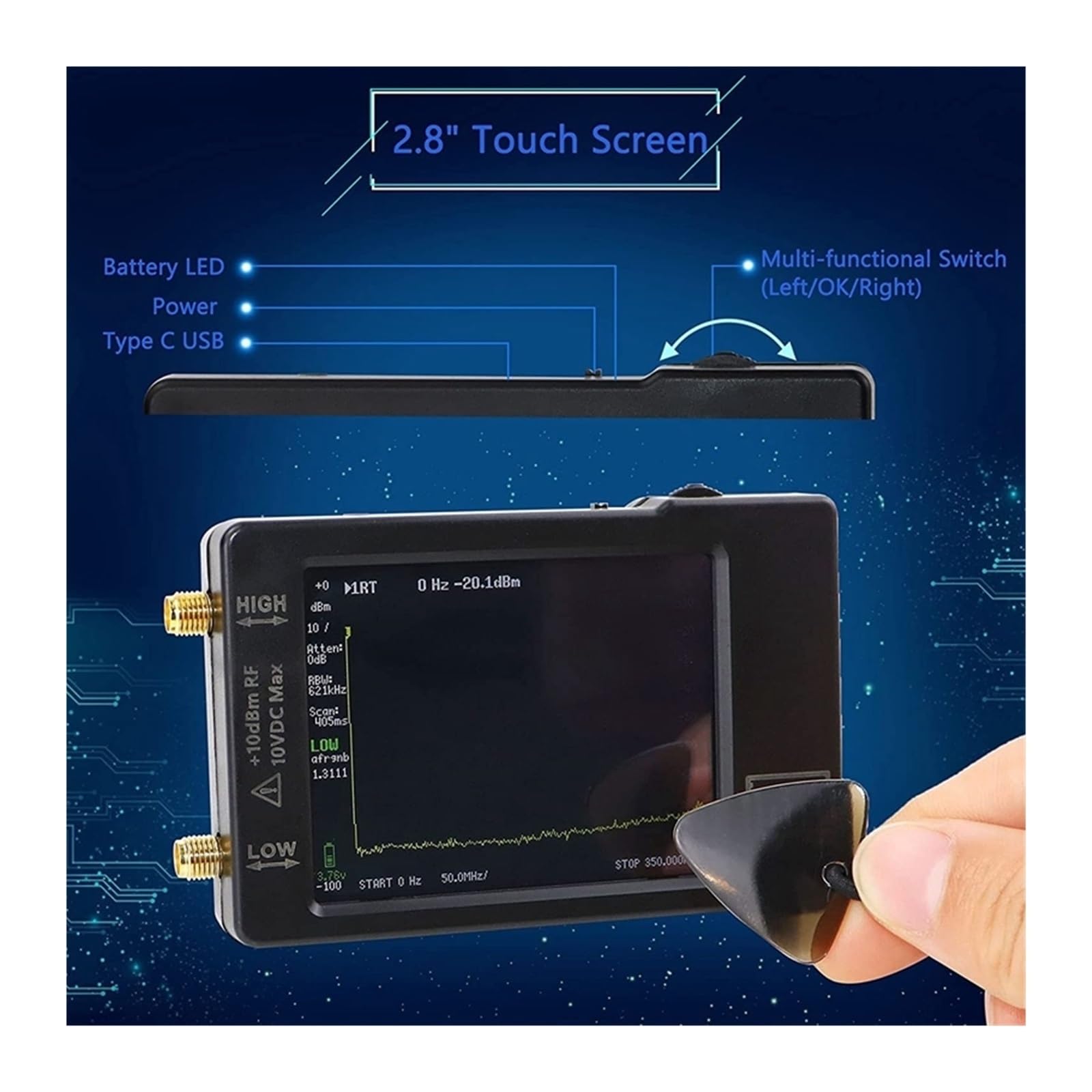 Analizador Vectorial de Redes, Analizador de espectro portátil con pantalla de 2,8", de 100 kHz a 960 MHz y versión con protección ESD Medición de Parámetros S, ROE