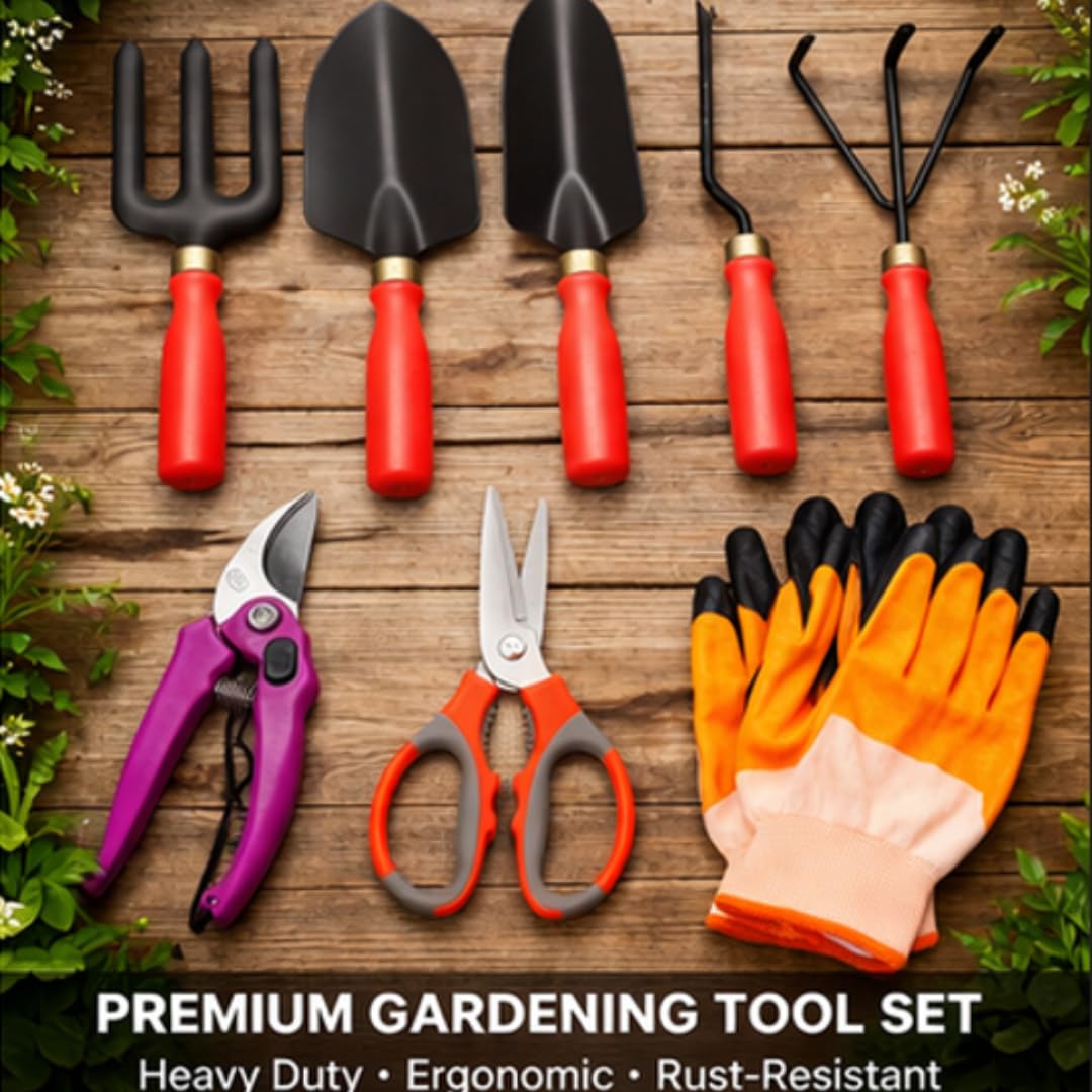 Saphirre Seeds Garden Tool Kit 8 Pieces Including Gloves | Heavy Duty Gardening Tools Set for Home Garden, Balcony, Terrace | Cultivator, Hand Trowel, Fork, Weeder, Pruner & Scissors 2