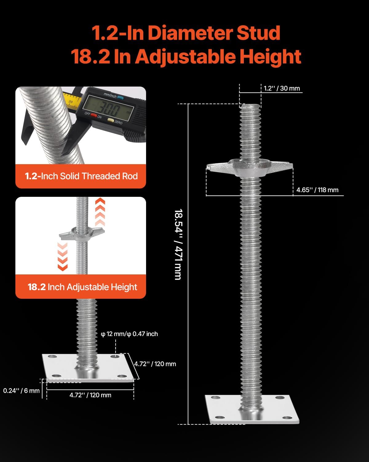 VEVOR 4-Pack Adjustable Leveling Jacks, 18.2 In Adjustable Height & 3307lbs/1500kg Total Load Capacity Scaffold Jacks Feet, Solid Carbon Steel Screw Jacks for Baker-Style Scaffolding Equipment, Silver
