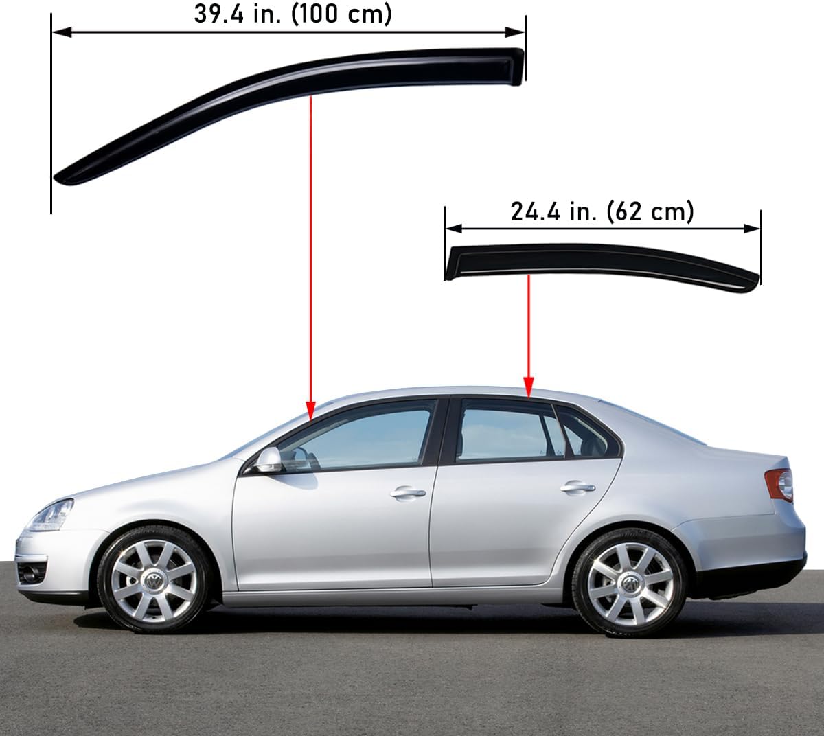 Lightronic Extra Durable Outside Mount Auto Vent Window Visor, Fits 1999-2005 Volkswagen Jetta Sedan, UV Protection Rain Guard, Original Wind Deflector, No-Drill Easy Install, Dark Smoke, 4-Pcs