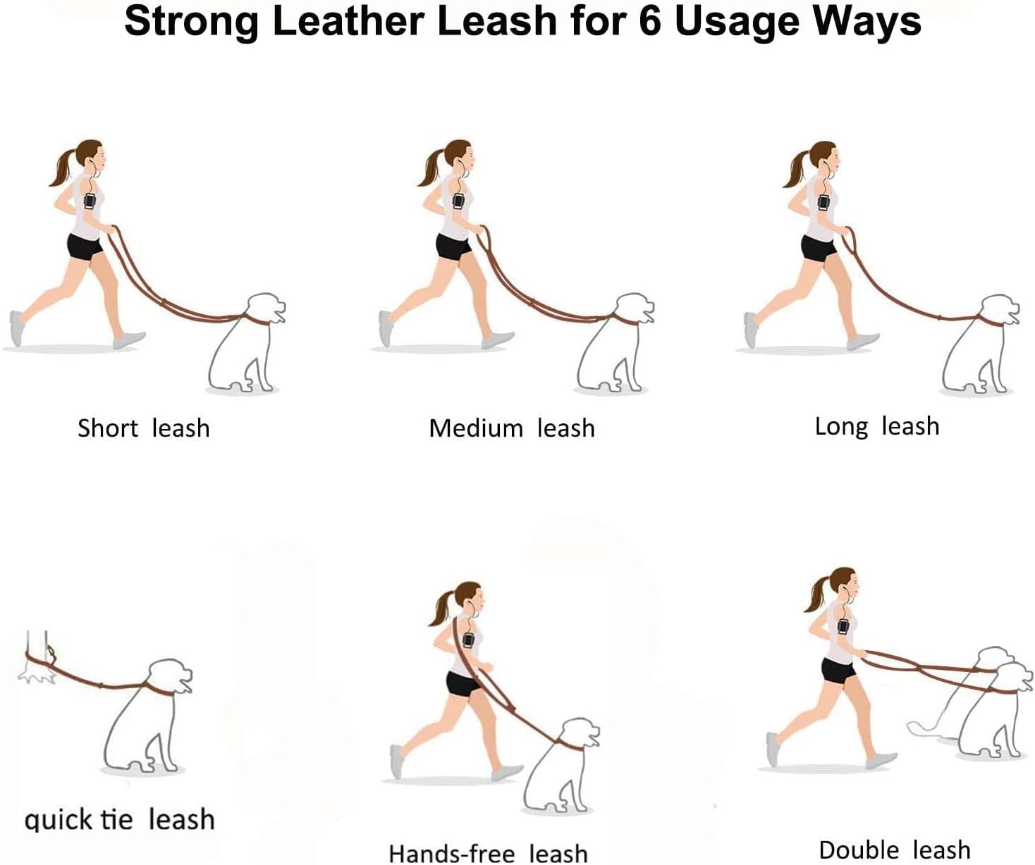 Leather Dog Leash 8ft, Soft Multi-Function 6 in 1 Leather Training Walking Lead, Hands Free Leash, Dual, Crossbody Pet Leashes for Medium and Large Dogs, Service Dogs (8 Foot*5/8", Black)