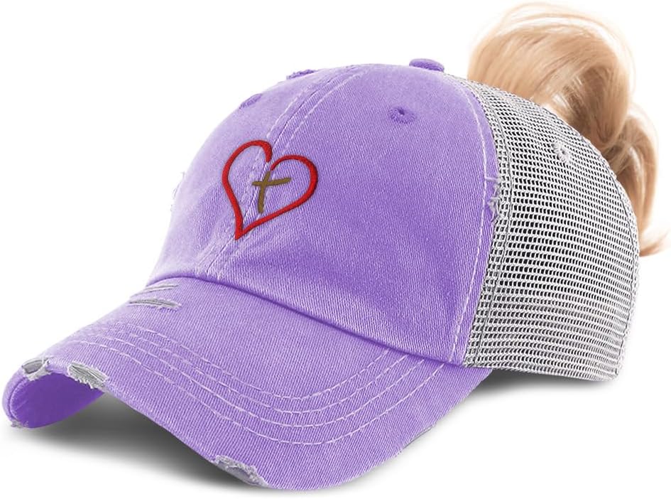 Ponytail Cap Women's Baseball Cap Embroidered Christian Cross Inside Heart Faith Jesus Christ Cotton