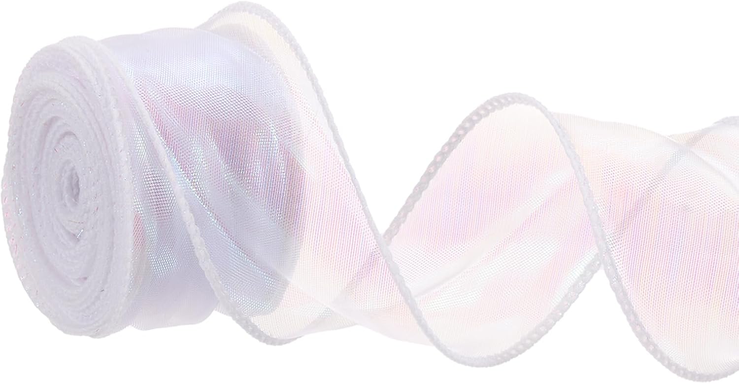 PATIKIL Iridescent Organza Ribbon 1-1/2 Inch x 10 Yard, Sheer Wired Shimmer Chiffon Ribbons Sparkly Fishtail Yarn Gift Ribbons for Gift Wrapping Floral Bouquet, White
