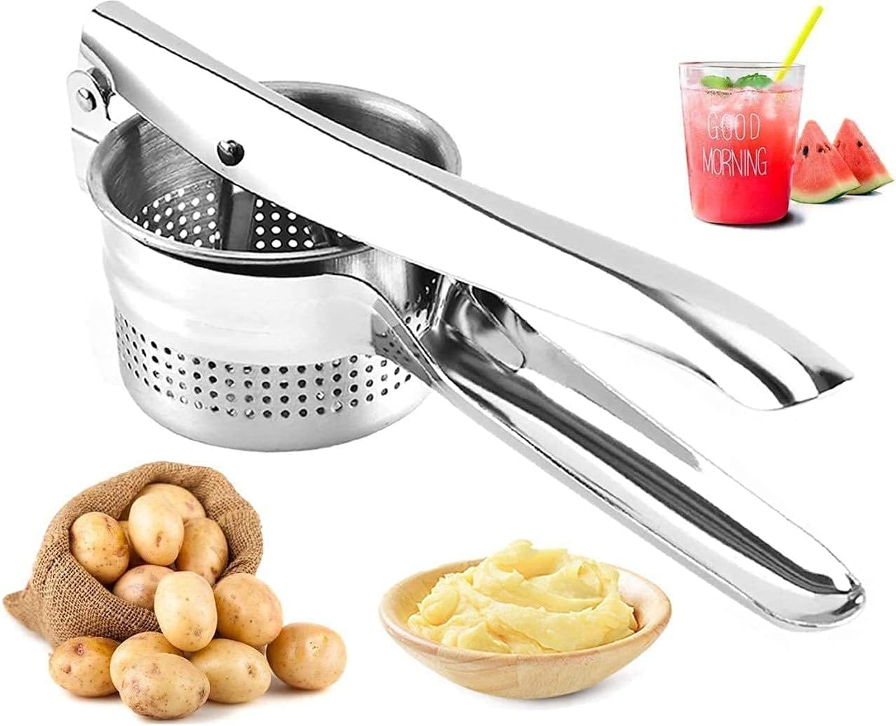LAGET® Multifunctional Hand Press Stainless Steel Potato Squeezer | Pressers Mashers for Mashed Potatoes with Ergonomic Handle Vegetable Food Masher Machine(Silver)