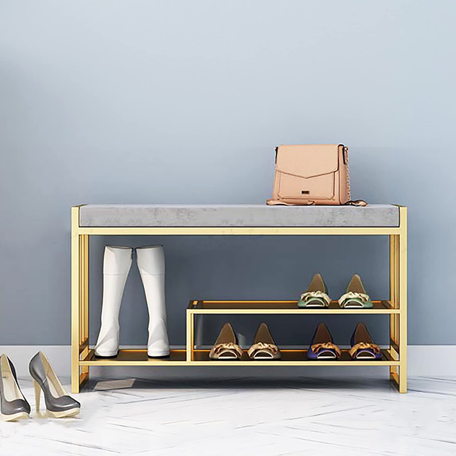 Banc à chaussures meuble de rangement d'entrée en velours avec étagère métallique pratique