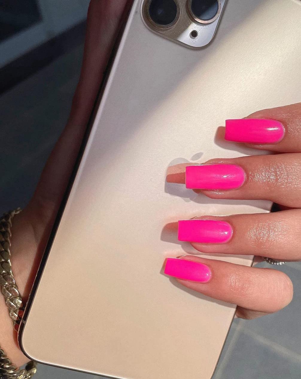 SXVME Hot Pink Press on Nails Long Square, Neon Pink False Nails Medium Coffin, Glossy Gel Fake Nails Press on - Image 2