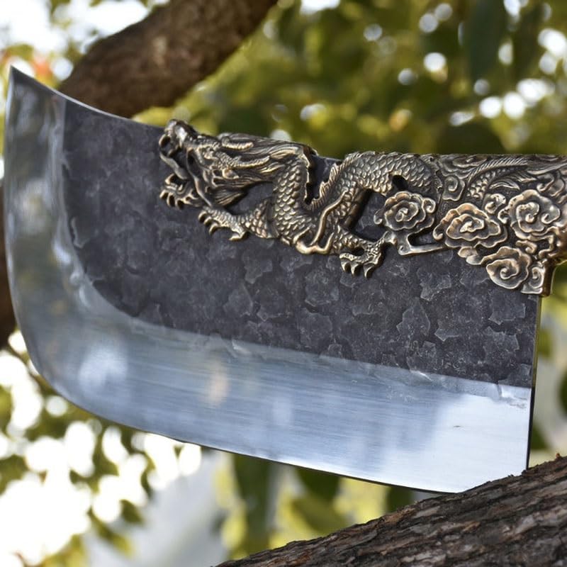 Meat Cleaver,Cleaver Knife, Longquan Knife Fixed Blade Copper Dragon Decor 8.5 Inch Hand Forged Kitchen Hatchet Knife Bone Meat And Poultry Tools