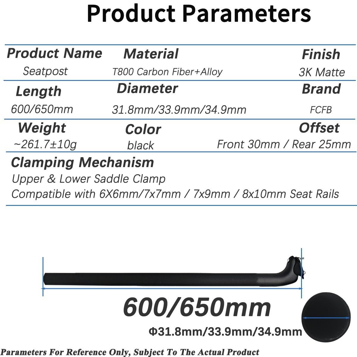 Selle de vélo pour FCFB Tige de Selle de vélo en Fiber de Carbone 600/650mm Tige de Selle VTT