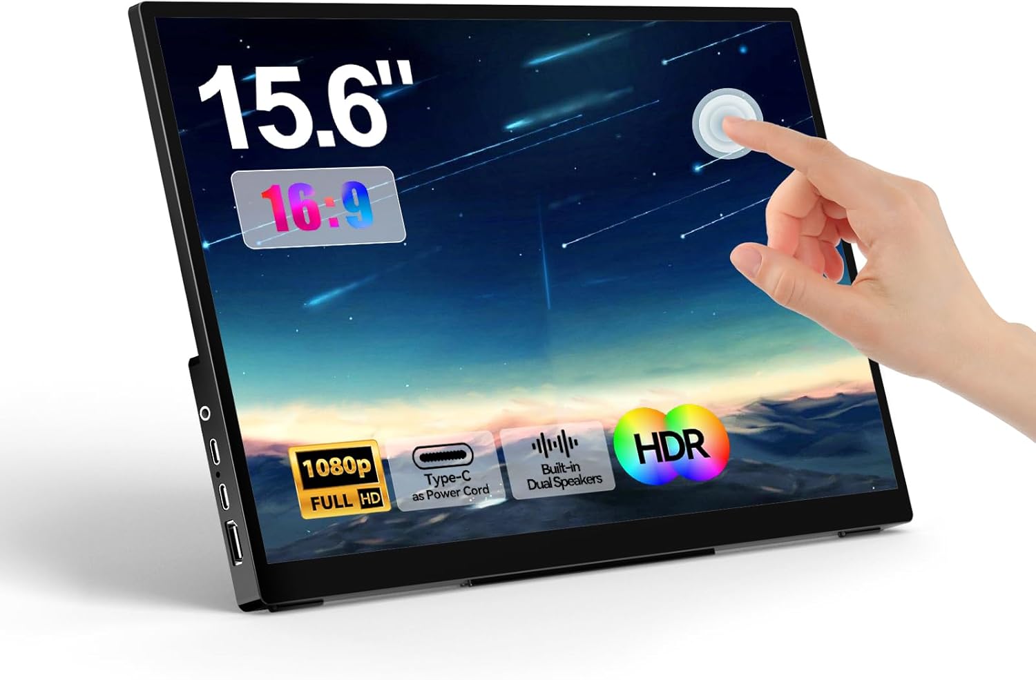 Portable Monitor Touchscreen 15.6'' 1080P FHD w/ Tilt Adjustable Stand, Dual Speakers, USB-C HDMI Audio HDR FreeSync Plug & Play for Laptop PC MAC Phone Xbox PS4/ 5 Switch Chromecast Stick Box Pi