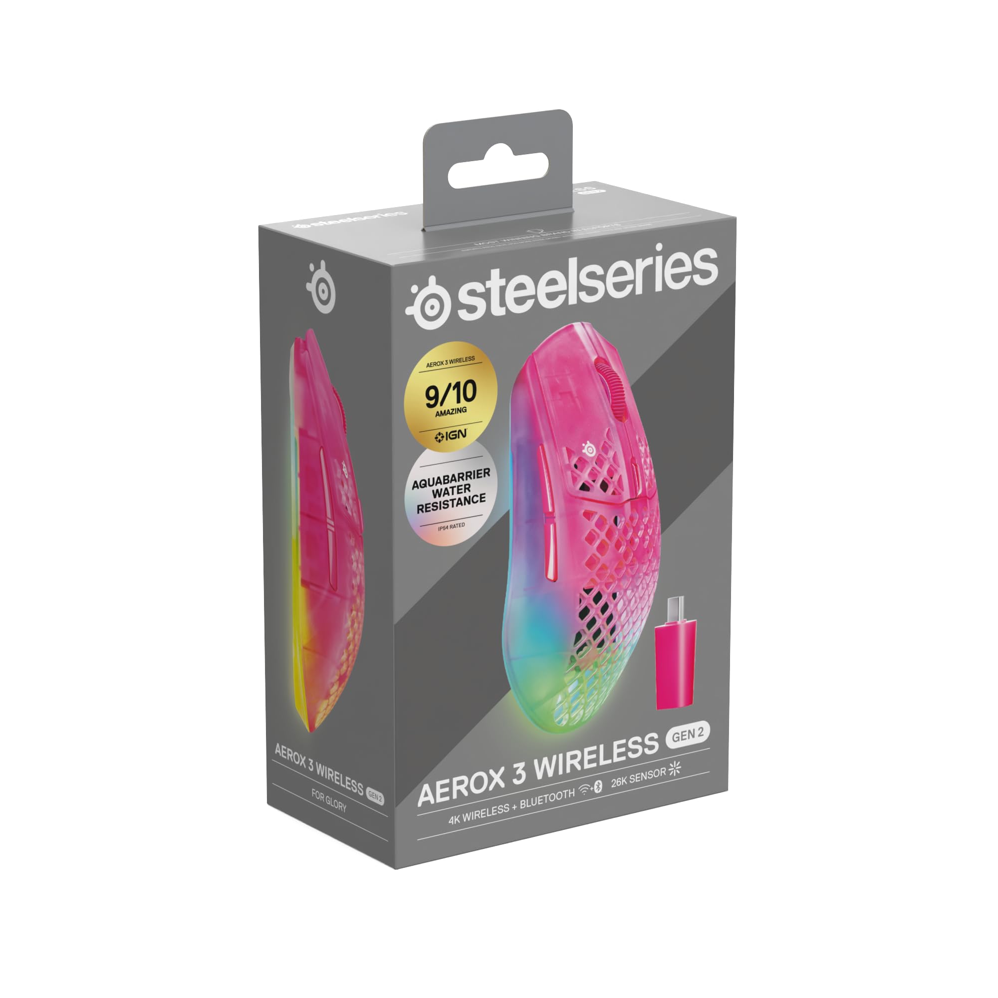 SteelSeries Aerox 3 Wireless Gen 2 – superlekka mysz dla graczy, polling 4K, sensor optyczny 26K DPI, 200 godzin pracy, wodoodporność IP54, 80 mln kliknięć, RGB, ślizgacze 100% PTFE, Magenta Haze