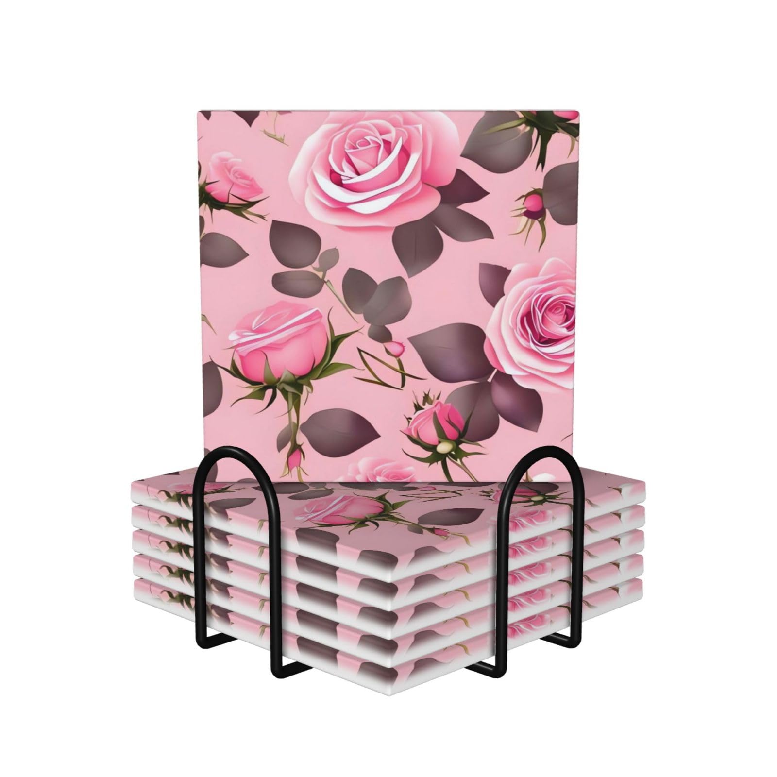 Dessous de verre en céramique lot de 6 avec support métal à motif de roses