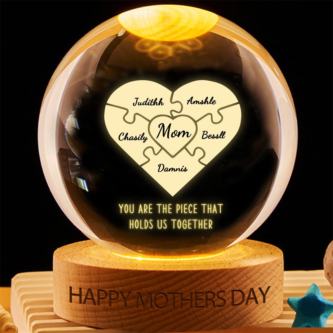 Wasetell Personalized Mom Puzzle Piece Crystal Ball Lamp Custom Family Names Glass LED Night Light Mothers Day Crystal Ball Lamp Birthday Home Decor Keepsake Gift for Mom Grandma Nana
