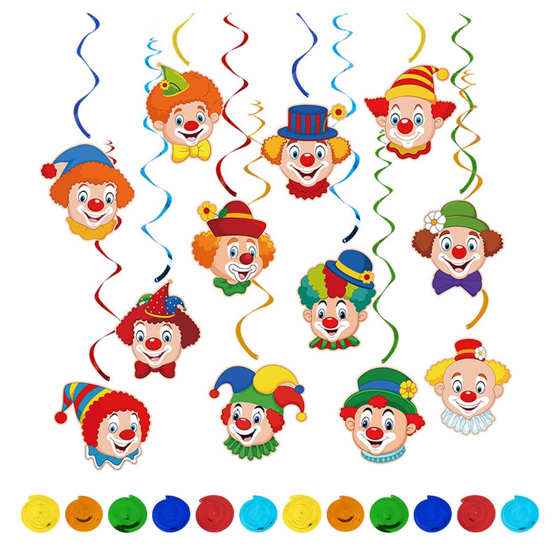 12 Guirlandes Spirales Clown pour Carnaval avec Motif de Clown - Serpentins Suspendus pour Décoration de Plafond - Décoration Tourbillonnante pour Mardi Gras, Fête de Cirque