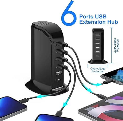 Miniatura 7 de Estación de carga USB para múltiples dispositivos, torre de carga multipuerto de 40 W, puerto USB-C compatible con carga rápida PD compatible con