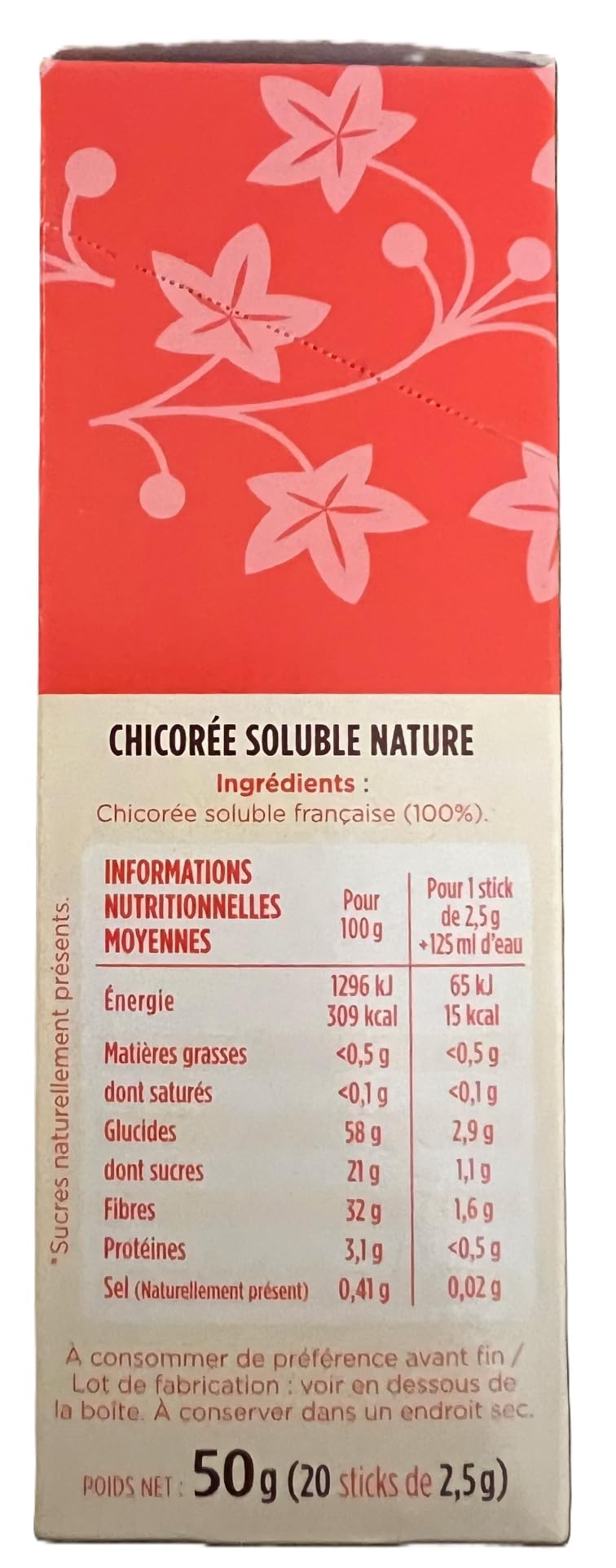 Leroux - Chicorée Soluble Nature en Sticks - 100% d'Origine Végétale - Chicorée Torréfiée, Goût Naturel - Riche en Fibres, Sans Sucres Ajoutés - Boite de 20 Sticks - Lot de 2