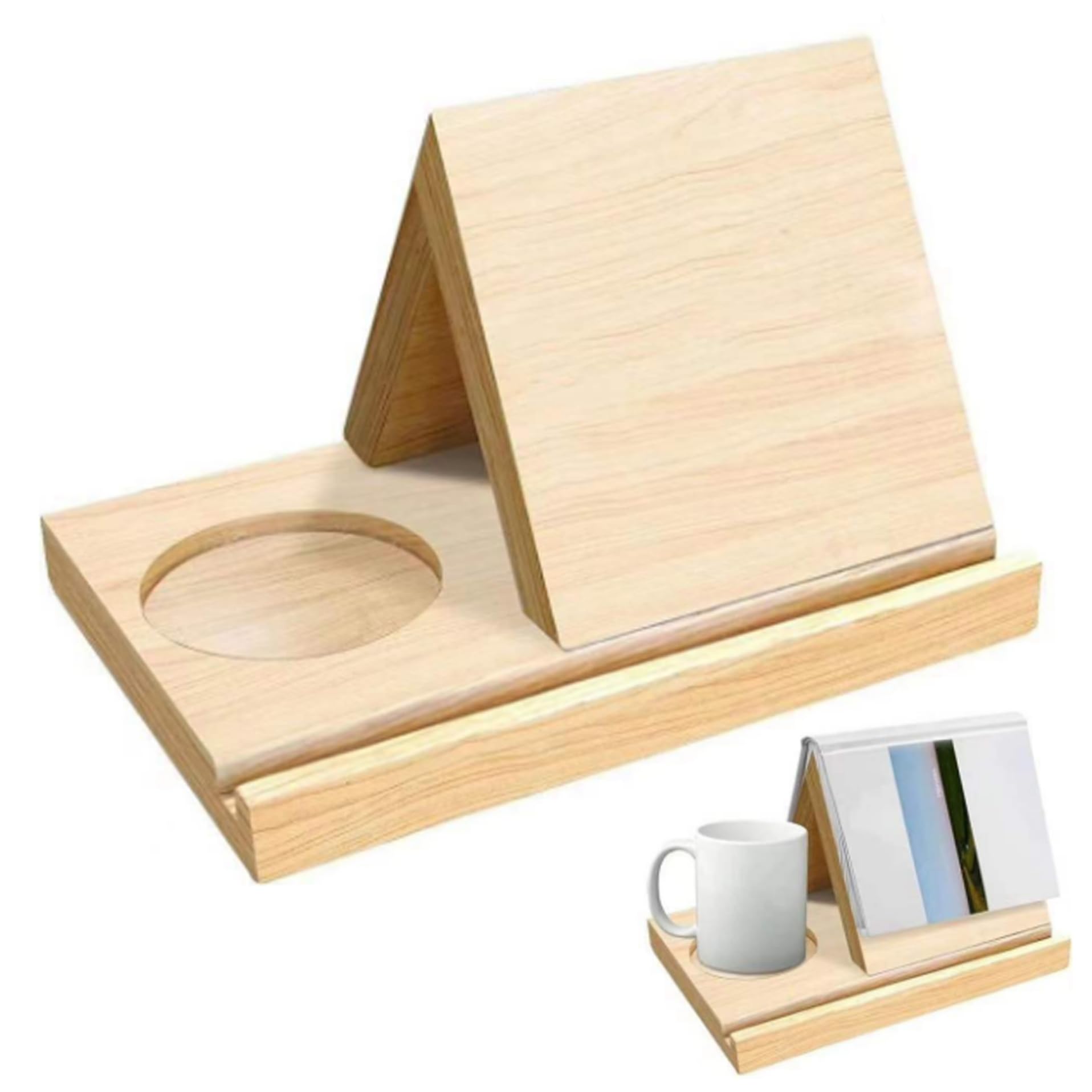 Soporte para libros de madera natural en forma de triángulo con taza