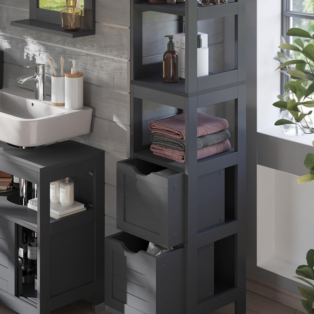 Vicco Badschrank Vilda, Grau, 30 x 144 cm | mit 2 Schubladen, zur Aufbewahrung von Badaccessoires und Pflegeprodukten