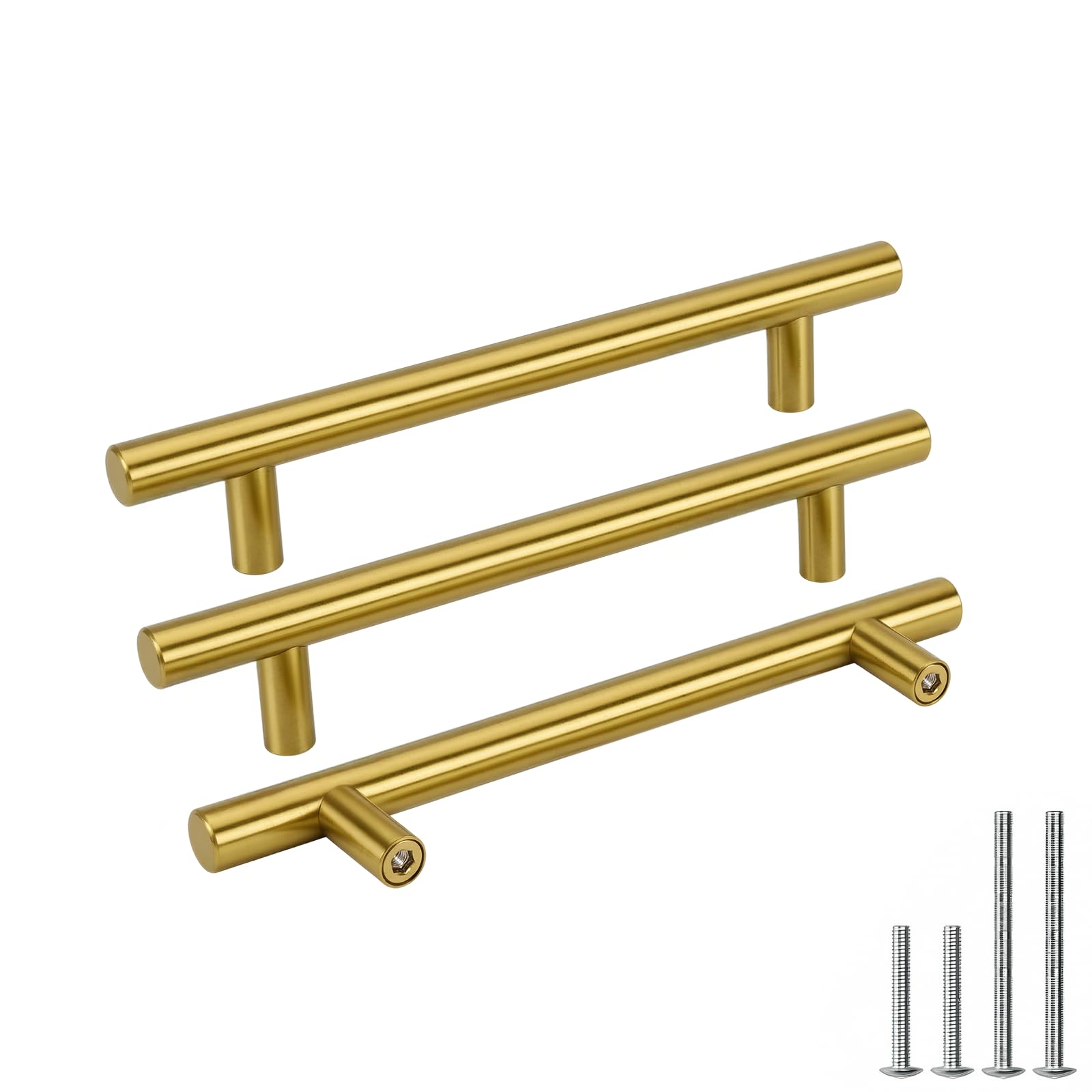 Goldenwarm 25pcs Brushed Brass Kitchen Cabinet Hardware Handle 12mm Diameter T Bar Handles Furniture Gold Door Drawer Pulls Knobs Hole Spacing 128mm 5in