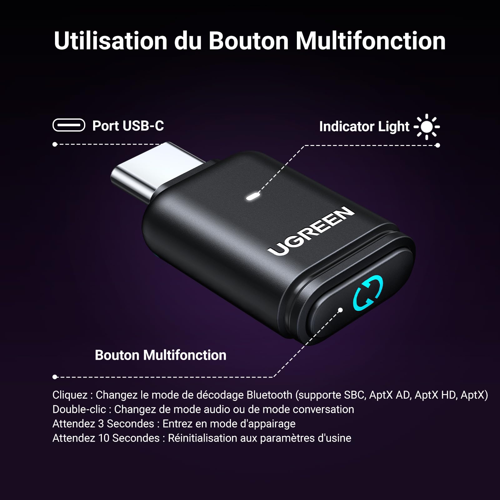 UGREEN Aptx Audio Dongle Bluetooth 5.3 pour PS5 PS4 Clé Adaptateur USB C Faible Latence Compatible avec Switch 2 Console PS5 PS4 PC Supporte Casque de Jeu Écouteur Enceinte