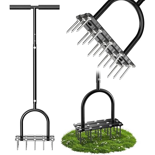 Lawn Aerator Spike Tool - Manual Grass Aerator with 15 Iron Spikes, Pre-Assembled Yard Aerator for Core Aeration, Heavy Duty T-Handle & Wide Foot Plate for Lawn Yard & Garden (Glossy Black)