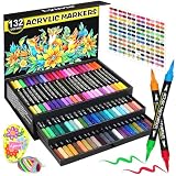 Lyuvie 132 Couleurs Feutre Acrylique,66 Pcs Acrylic Paint Marker Marqueur Peinture Acrylique Pointe Brush pour Roche Tissu Pierre Bois Verre Papier Plastique