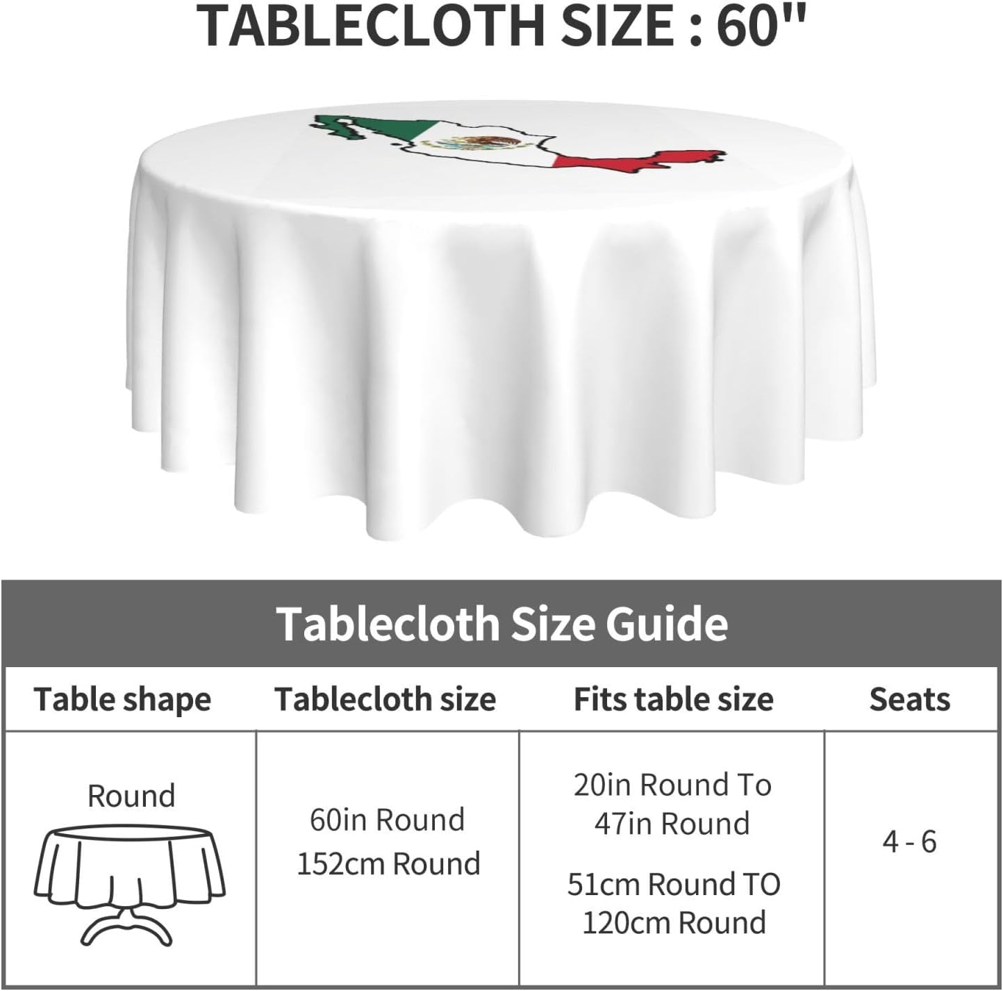 Mexico Flag Map Print Wrinkle Free Dining Table Cover for Birthday Party Farmhouse Tablecloths Up to 60 x 60 Inches