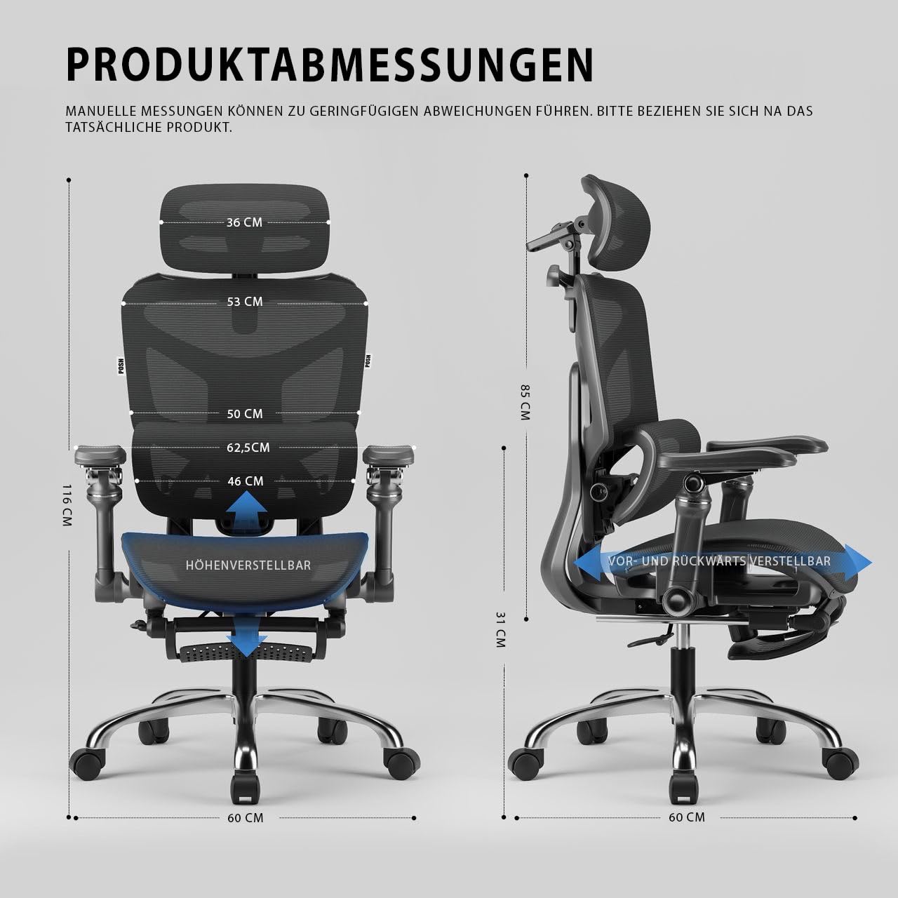 POSH Bürostuhl Ergonomisch mit Fußstütze & 9D Armlehnen - Schreibtischstuhl 145° Neigung mit Dynamischer Lendenwirbelstütze, Verstellbare Kopfstütze, Netzrücken & Aluminiumfußkreuz - bis 100kg