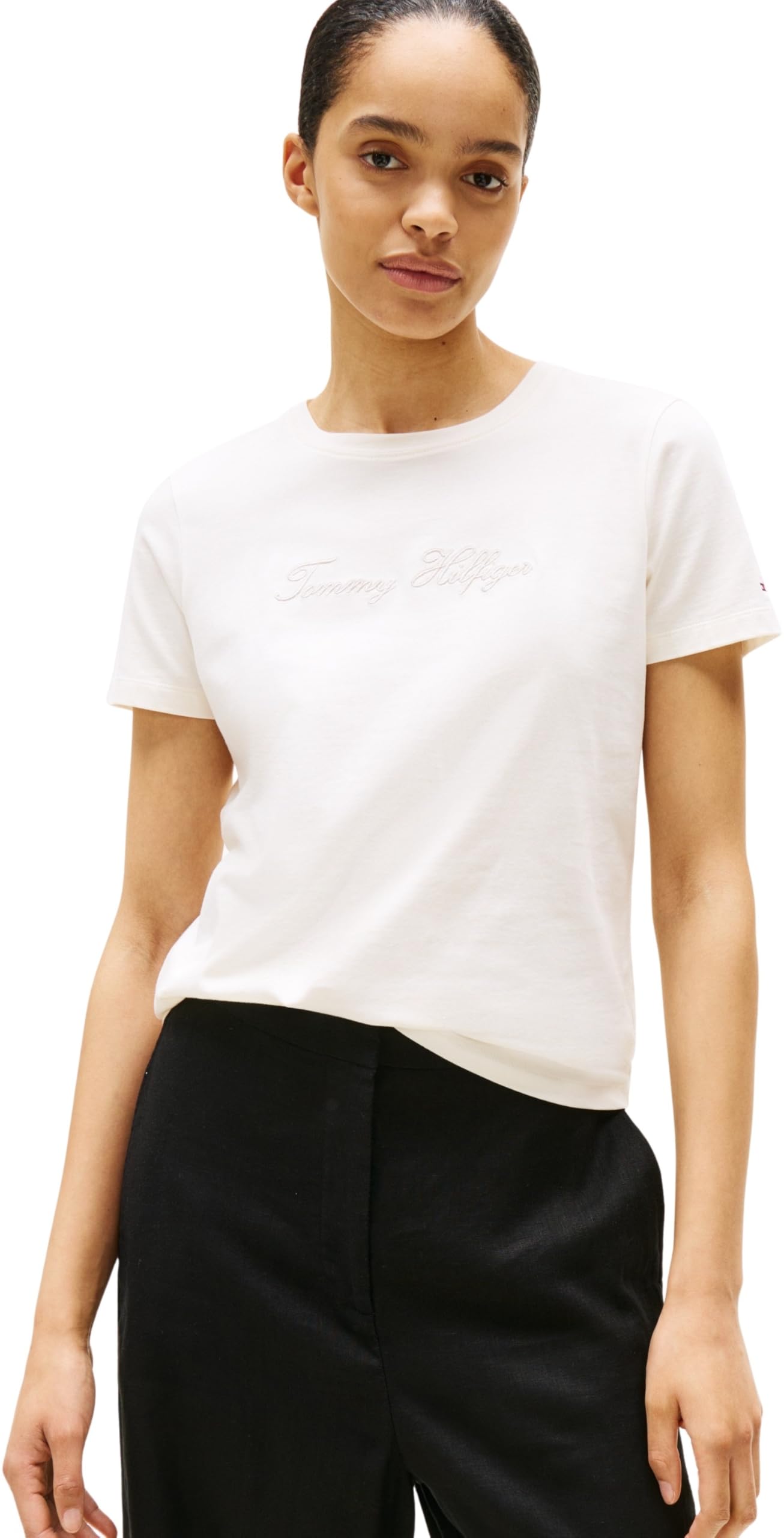 Tommy Hilfiger Women’s Short Sleeve Round Neck Lurex Script T-Shirt, White (Ivory Silk), S