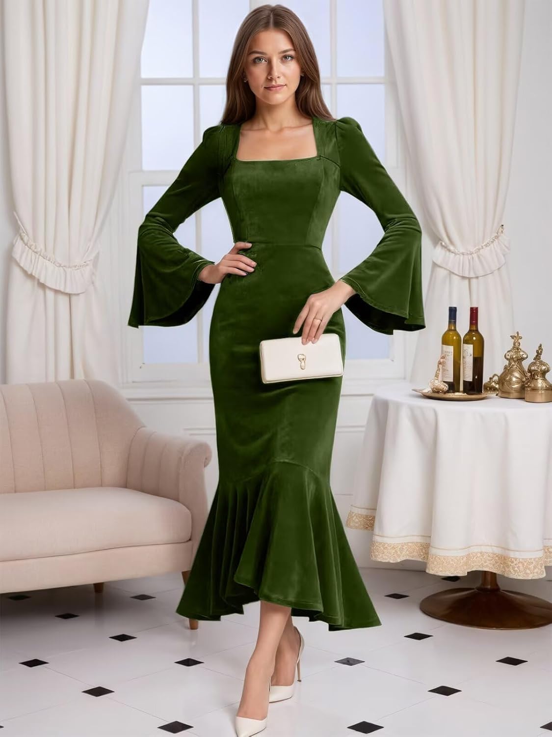 Velvet Mermaid Bridesmaid Dresses for Women Evening Dress Bell Sleeve Tea Length Formal Gowns - Image 5