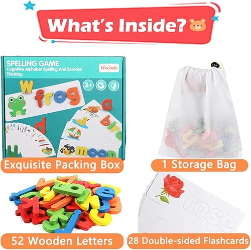 Miniatura 2 de Juguete de madera para niños pequeños, juego de palabras con 56 palabras diferentes en 28 tarjetas cognitivas de dos caras, rompecabezas de letras