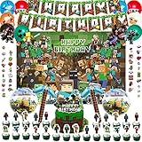 105pcs Game Birthday Decorations Pixel Miner Theme Party Supplies Include Banners, Background, Hanging Swirls, Foil Balloons, Cake Topper, Cupcake Toppers, Stickers for Boys Miner Birthday Party