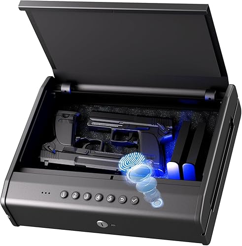 PINEWORLD - Caja fuerte para armas, cajas fuertes biométricas para pistolas de mano, caja fuerte para pistolas con huella digital o teclado, 4