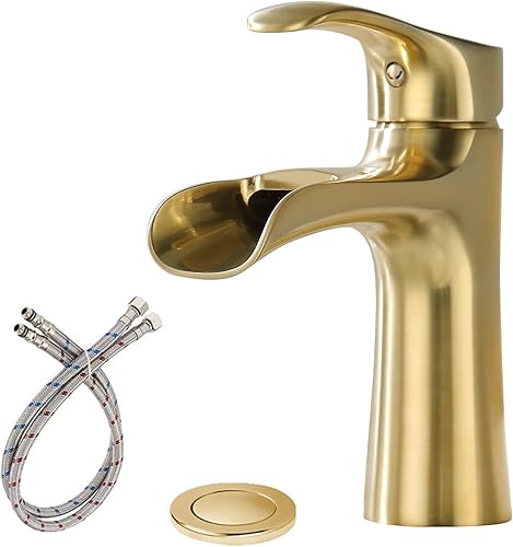 NEWATER Grifo de baño de latón cascada de una sola manija, color dorado cepillado, grifo dorado de un solo orificio para lavabo de baño, grifo de