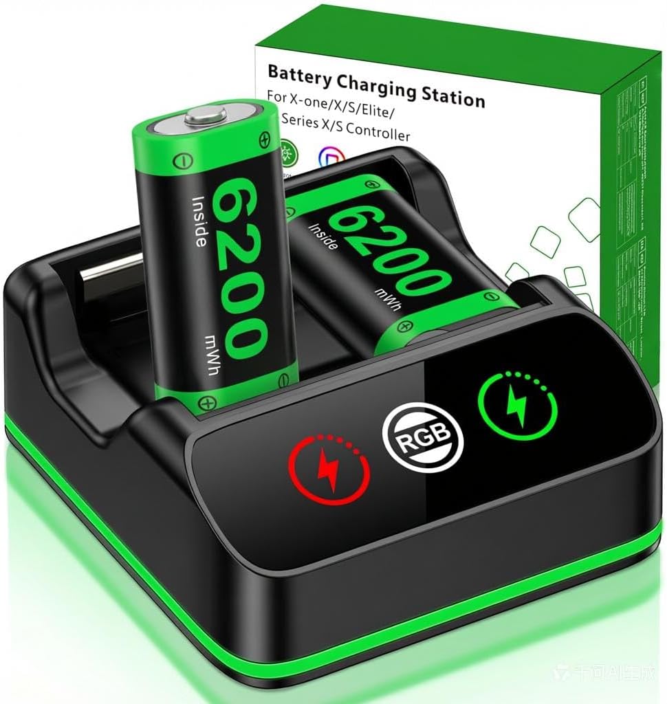 DXKK Xbox One Battery & Charger Sets - 4X 6200mWh Rechargeable Battery Pack with Touch Control LED Light for Xbox One/Series X|S Controllers, White
