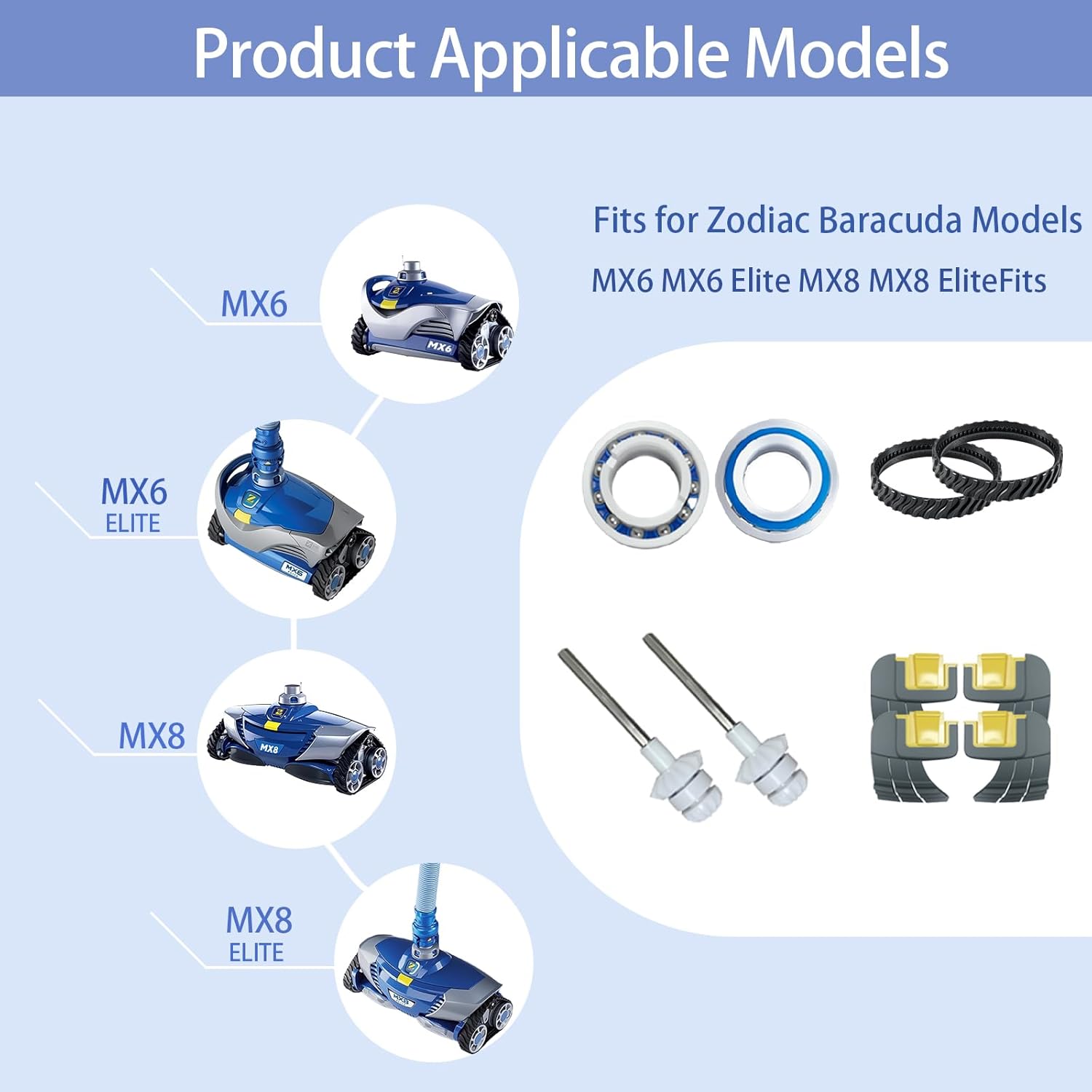 MX8 Pool Cleaner Parts Kit – Includes 2 Tracks, 4 Cyclonic Scrubbing Brushes, 2 Drive Shafts, 2 Bearings – Compatible with Zodiac MX8, MX6, MX8 Elite, MX6 Elite, R0525100, R0526100, R0527000
